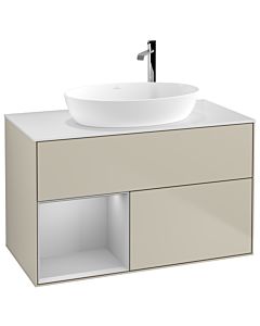 Villeroy und Boch Finion Waschtischunterschrank F891GJHH 100cm, Abdeckplatte white matt, Regale Light grey matt lacquer, Sand Matt Lacquer