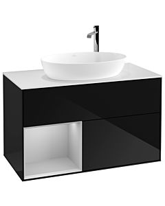 Villeroy und Boch Finion Waschtischunterschrank F891GJPH 100cm, Abdeckplatte white matt, Regale Light grey matt lacquer, Glossy Black Lacquer
