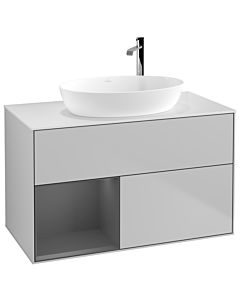 Villeroy und Boch Finion Waschtischunterschrank F891GKGJ 100cm, Abdeckplatte white matt, Regale Anthracite matt lacquer, Light grey matt