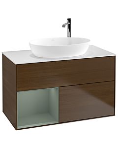 Villeroy und Boch Finion Waschtischunterschrank F891GMGN 100cm, Abdeckplatte white matt, Regale Olive matt lacquer, Walnut veneer
