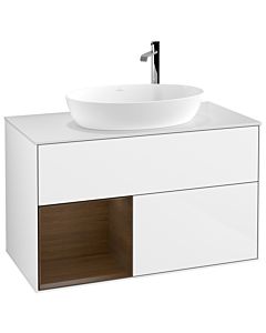 Villeroy und Boch Finion Waschtischunterschrank F891GNGF 100cm, Abdeckplatte white matt, Regale Walnut Veneer, Glossy white lacquer