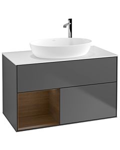 Villeroy und Boch Finion Waschtischunterschrank F891GNGK 100cm, Abdeckplatte white matt, Regale Walnut Veneer, Anthracite matt