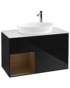 Villeroy und Boch Finion Villeroy und Boch F891GNPH 100cm, plaque de recouvrement blanc mat, étagères Walnut Veneer , Glossy Black Lacquer
