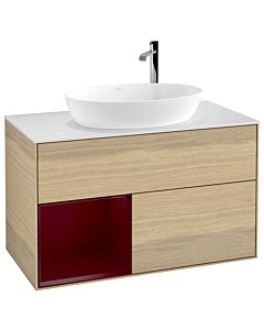 Villeroy und Boch Finion Villeroy und Boch F891HBPC 100cm, plaque de recouvrement blanc mat, étagères Peony laqué mat, Oak Veneer