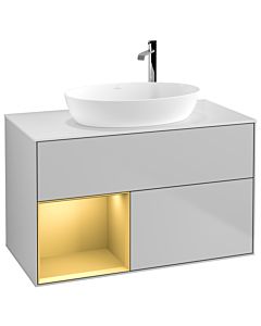 Villeroy und Boch Finion Villeroy und Boch F891HFGJ 100cm, plaque de recouvrement blanc mat, étagères laqué or mat, gris clair mat