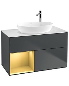 Villeroy und Boch Finion Waschtischunterschrank F891HFHG 100cm, Abdeckplatte white matt, Regale Gold matt lacquer, Midnight Blue Matt Lacquer