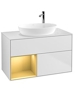 Villeroy und Boch Finion Villeroy und Boch F891HFMT 100cm, plaque de recouvrement blanc mat, étagères laqué or mat, laqué blanc mat