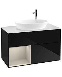 Villeroy und Boch Finion Villeroy und Boch F891HHPH 100cm, plaque de recouvrement blanc mat, étagères sable laqué mat, Glossy Black Lacquer