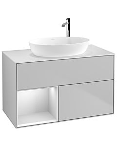 Villeroy und Boch Finion Waschtischunterschrank F891MTGJ 100cm, Abdeckplatte white matt, Regale White matt lacquer, Light grey matt