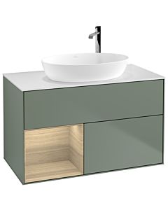 Villeroy und Boch Finion Villeroy und Boch F891PCGM 100cm, plaque de recouvrement blanc mat, étagères Oak Veneer , Olive Matt Lacquer