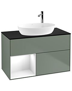Villeroy und Boch Finion Waschtischunterschrank F892GFGM 100cm, Abdeckplatte black matt, Regale Glossy white lacquer, Olive Matt Lacquer