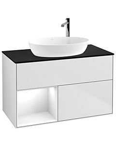 Villeroy und Boch Finion Villeroy und Boch F892GFMT 100cm, plaque de recouvrement noir mat, étagères laqué blanc brillant, laqué blanc mat