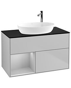 Villeroy und Boch Finion Waschtischunterschrank F892GJGJ 100cm, Abdeckplatte black matt, Regale Light grey matt lacquer, Light grey matt
