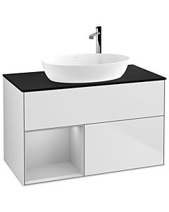 Villeroy und Boch Finion Waschtischunterschrank F892GJMT 100cm, Abdeckplatte black matt, Regale Light grey matt lacquer, White matt lacquer