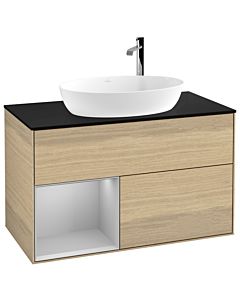 Villeroy und Boch Finion Waschtischunterschrank F892GJPC 100cm, Abdeckplatte black matt, Regale Light grey matt lacquer, Oak Veneer