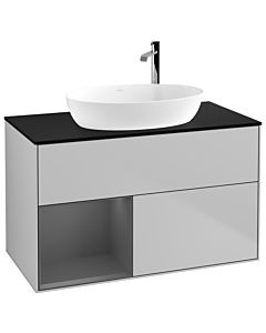 Villeroy und Boch Finion Waschtischunterschrank F892GKGJ 100cm, Abdeckplatte black matt, Regale Anthracite matt lacquer, Light grey matt