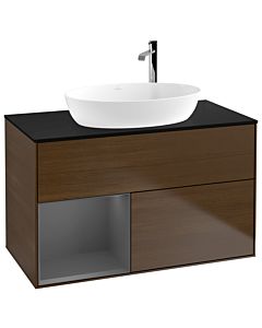 Villeroy und Boch Finion Waschtischunterschrank F892GKGN 100cm, Abdeckplatte black matt, Regale Anthracite matt lacquer, Walnut veneer