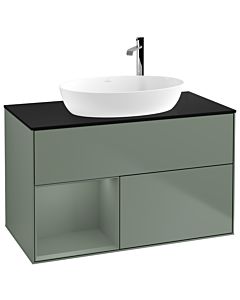 Villeroy und Boch Finion Villeroy und Boch F892GMGM 100cm, plaque de recouvrement noir mat, étagères laqué olive mat, Olive Matt Lacquer