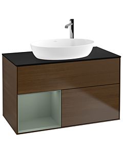 Villeroy und Boch Finion Villeroy und Boch F892GMGN 100cm, plaque de recouvrement noir mat, étagères laqué olive mat, placage noyer