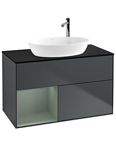 Villeroy und Boch Finion Waschtischunterschrank F892GMHG 100cm, Abdeckplatte black matt, Regale Olive matt lacquer, Midnight Blue Matt Lacquer