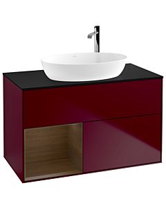 Villeroy und Boch Finion Waschtischunterschrank F892GNHB 100cm, Abdeckplatte black matt, Regale Walnut Veneer, Peony Matt