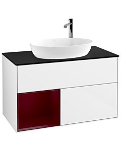 Villeroy und Boch Finion Waschtischunterschrank F892HBGF 100cm, Abdeckplatte black matt, Regale Peony matt lacquer, Glossy white lacquer