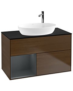 Villeroy und Boch Finion Waschtischunterschrank F892HGGN 100cm, Abdeckplatte black matt, Regale Midnight matt lacquer, Walnut veneer