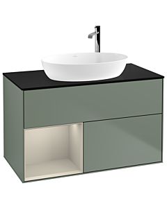 Villeroy und Boch Finion Villeroy und Boch F892HHGM 100cm, plaque de recouvrement noir mat, étagères sable laqué mat, Olive Matt Lacquer