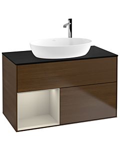 Villeroy und Boch Finion Waschtischunterschrank F892HHGN 100cm, Abdeckplatte black matt, Regale sand matt lacquer, Walnut veneer