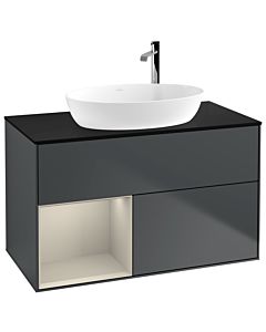 Villeroy und Boch Finion Waschtischunterschrank F892HHHG 100cm, Abdeckplatte black matt, Regale sand matt lacquer, Midnight Blue Matt Lacquer