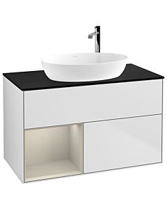 Villeroy und Boch Finion Waschtischunterschrank F892HHMT 100cm, Abdeckplatte black matt, Regale sand matt lacquer, White matt lacquer