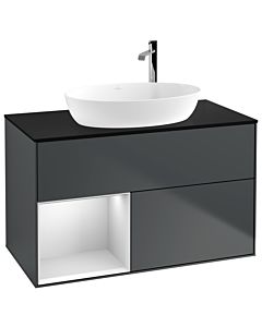 Villeroy und Boch Finion Waschtischunterschrank F892MTHG 100cm, Abdeckplatte black matt, Regale White matt lacquer, Midnight Blue Matt Lacquer