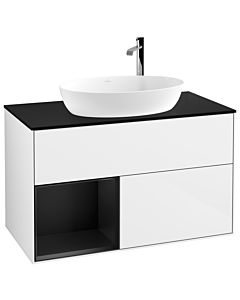 Villeroy und Boch Finion Villeroy und Boch F892PDGF 100cm, plaque de recouvrement noir mat, étagères laqué noir mat, laqué blanc brillant