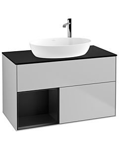 Villeroy und Boch Finion Waschtischunterschrank F892PDGJ 100cm, Abdeckplatte black matt, Regale Black matt lacquer, Light grey matt