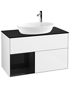 Villeroy und Boch Finion Villeroy und Boch F892PHGF 100cm, plaque de recouvrement noir mat, étagères Laque noire brillante, Laque blanche brillante