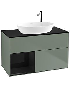 Villeroy und Boch Finion Waschtischunterschrank F892PHGM 100cm, Abdeckplatte black matt, Regale Glossy black lacquer, Olive Matt Lacquer