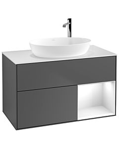 Villeroy und Boch Finion Waschtischunterschrank F901GFGK 100cm, Abdeckplatte white matt, Regale Glossy white lacquer, Anthracite matt