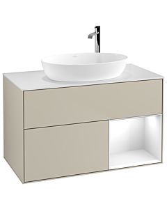 Villeroy und Boch Finion Villeroy und Boch F901GFHH 100cm, plaque de recouvrement blanc mat, étagères Laque blanche brillante, Sand Matt Lacquer