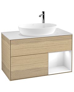 Villeroy und Boch Finion Waschtischunterschrank F901GFPC 100cm, Abdeckplatte white matt, Regale Glossy white lacquer, Oak Veneer
