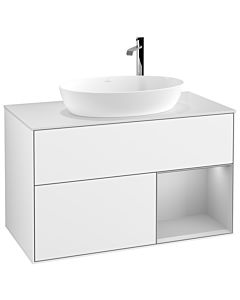Villeroy und Boch Finion Waschtischunterschrank F901GJGF 100cm, Abdeckplatte white matt, Regale Light grey matt lacquer, Glossy white lacquer