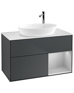Villeroy und Boch Finion Waschtischunterschrank F901GJHG 100cm, Abdeckplatte white matt, Regale Light grey matt lacquer, Midnight Blue Matt Lacquer