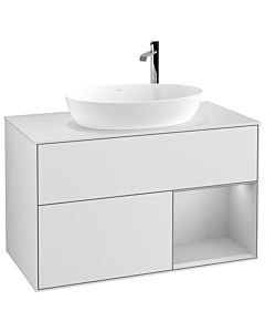 Villeroy und Boch Finion Waschtischunterschrank F901GJMT 100cm, Abdeckplatte white matt, Regale Light grey matt lacquer, White matt lacquer