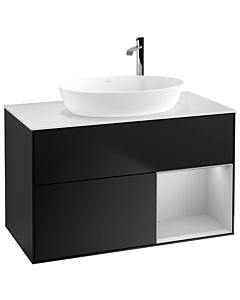Villeroy und Boch Finion Waschtischunterschrank F901GJPD 100cm, Abdeckplatte white matt, Regale Light grey matt lacquer, Black matt lacquer