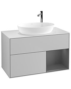 Villeroy und Boch Finion Waschtischunterschrank F901GKGJ 100cm, Abdeckplatte white matt, Regale Anthracite matt lacquer, Light grey matt