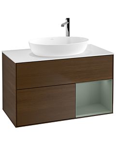 Villeroy und Boch Finion Waschtischunterschrank F901GMGN 100cm, Abdeckplatte white matt, Regale Olive matt lacquer, Walnut veneer