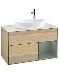 Villeroy und Boch Finion Waschtischunterschrank F901GMPC 100cm, Abdeckplatte white matt, Regale Olive matt lacquer, Oak Veneer