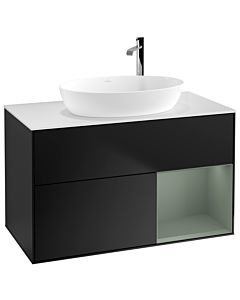 Villeroy und Boch Finion Waschtischunterschrank F901GMPD 100cm, Abdeckplatte white matt, Regale Olive matt lacquer, Black matt lacquer