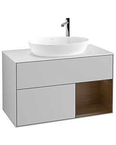 Villeroy und Boch Finion Waschtischunterschrank F901GNGJ 100cm, Abdeckplatte white matt, Regale Walnut Veneer, Light grey matt