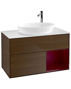 Villeroy und Boch Finion Waschtischunterschrank F901HBGN 100cm, Abdeckplatte white matt, Regale Peony matt lacquer, Walnut veneer