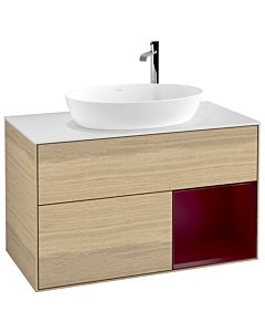 Villeroy und Boch Finion Waschtischunterschrank F901HBPC 100cm, Abdeckplatte white matt, Regale Peony matt lacquer, Oak Veneer